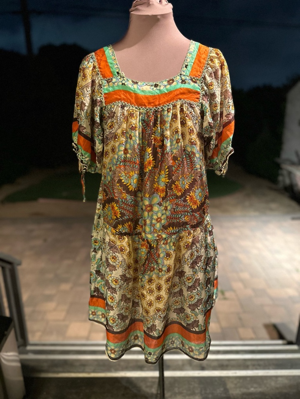 Boho Floral Peasant Dress in Orange & Mint